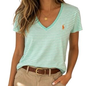 Ralph Lauren Mint White Stripe V Neck Cotton Tee Orange Pony Logo L